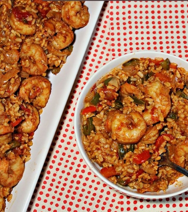 Shrimp and Rice in a white bowl and plate.